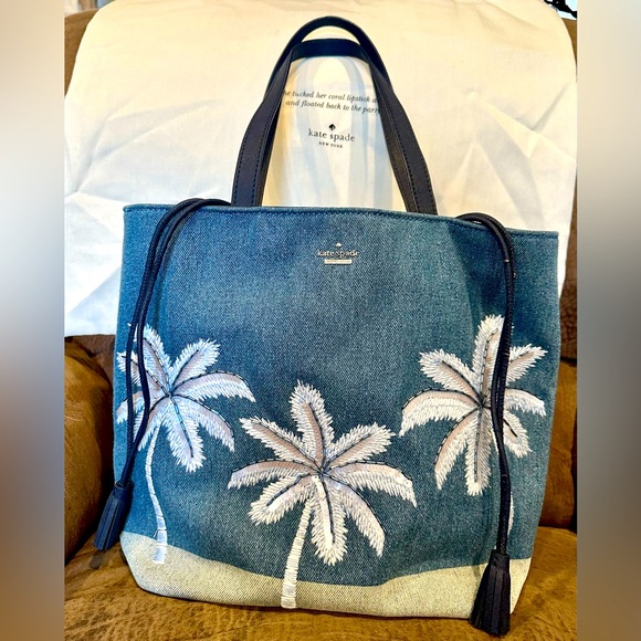 Kate Spade Denim Palm Tree Tote Bag - Picture 1 of 11